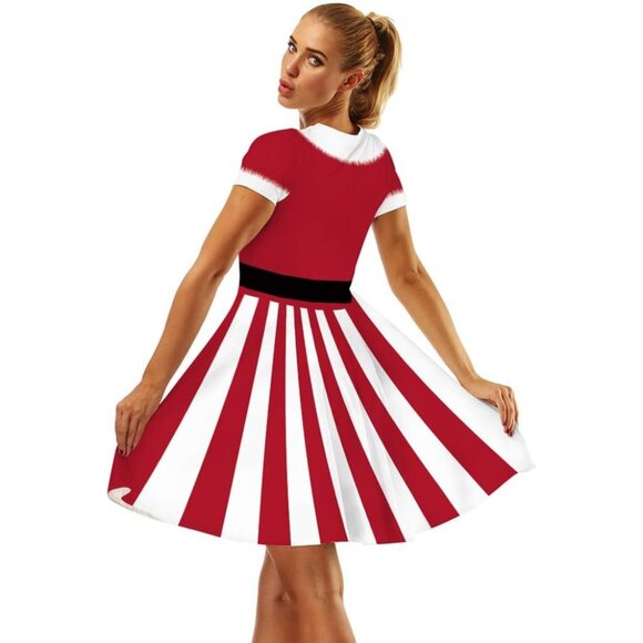 Women's Ugly Christmas Santa Dress 2 Santa Stripes Holiday Print Dress for Xmas - Picture 3 of 5
